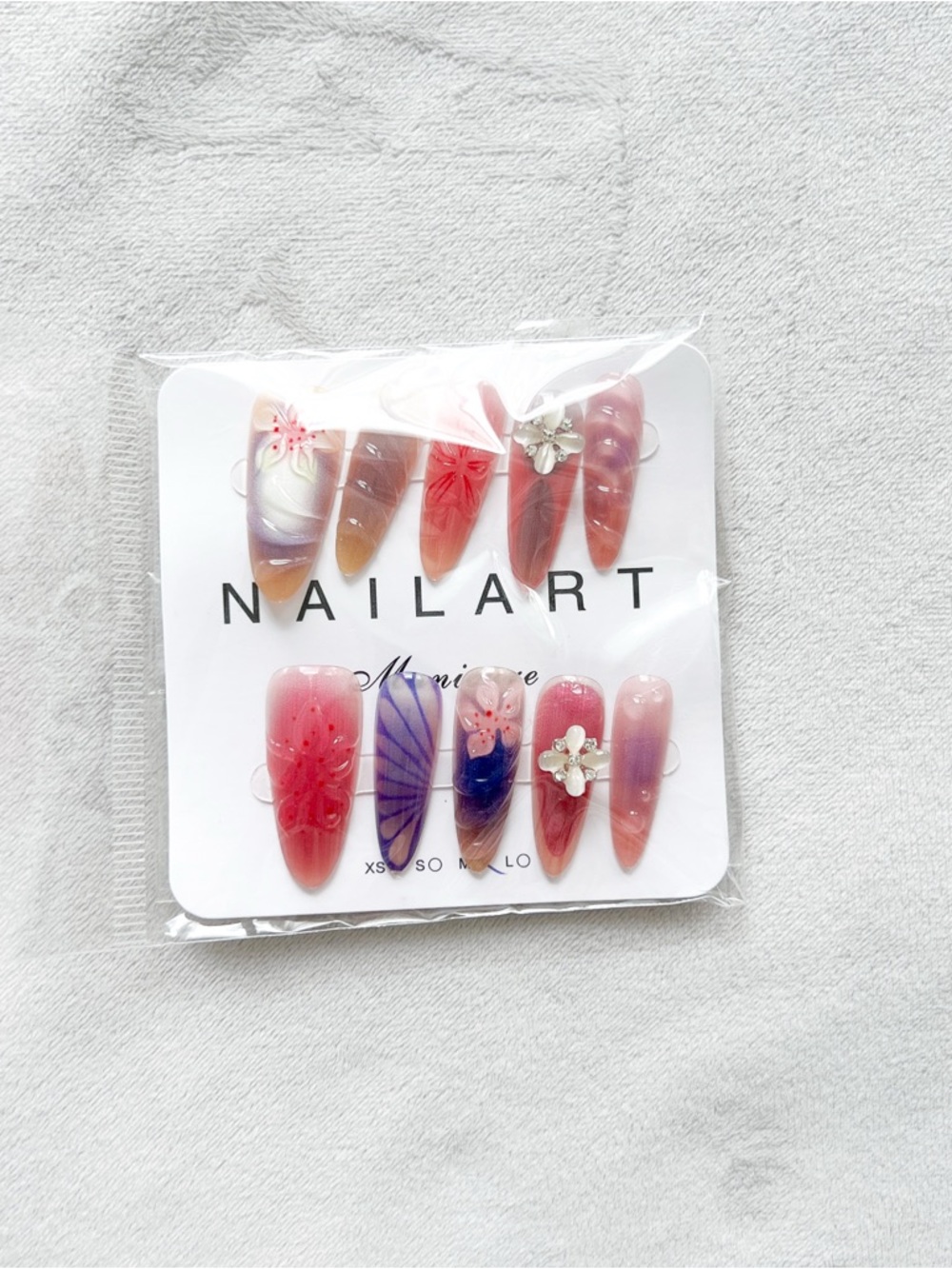 Pink and Purple Ombre Press-On Nail Set with Floral & Rhinestone Details